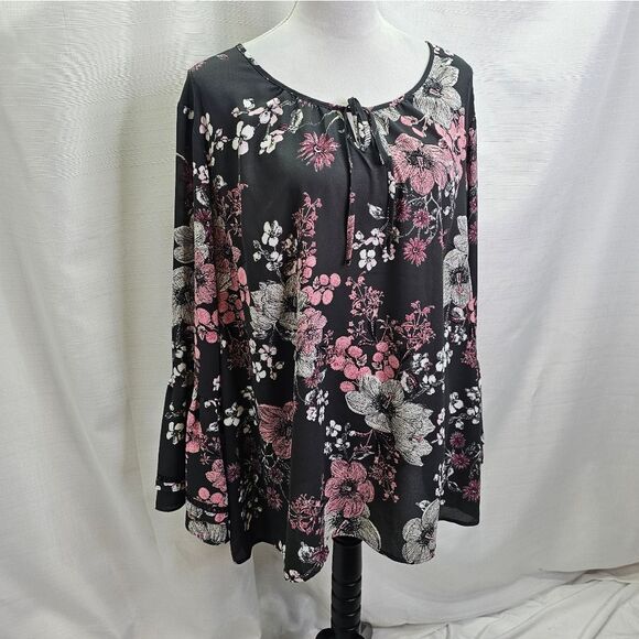 Style & Co Pink and Gray Floral Boho Bell Sleeve Popover Blouse Size 3X - Picture 3 of 9